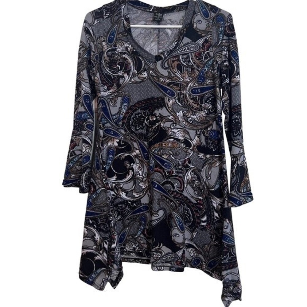 WinWin long bell sleeve gray paisley print tunic sweater top size small/medium